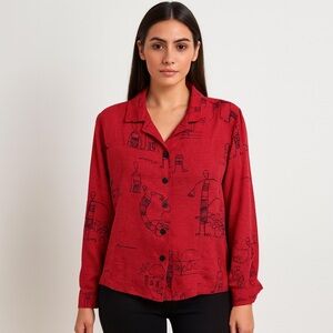 Chico’s Design Blouse Silk Linen Blend Printed Button-Up Red Size 2